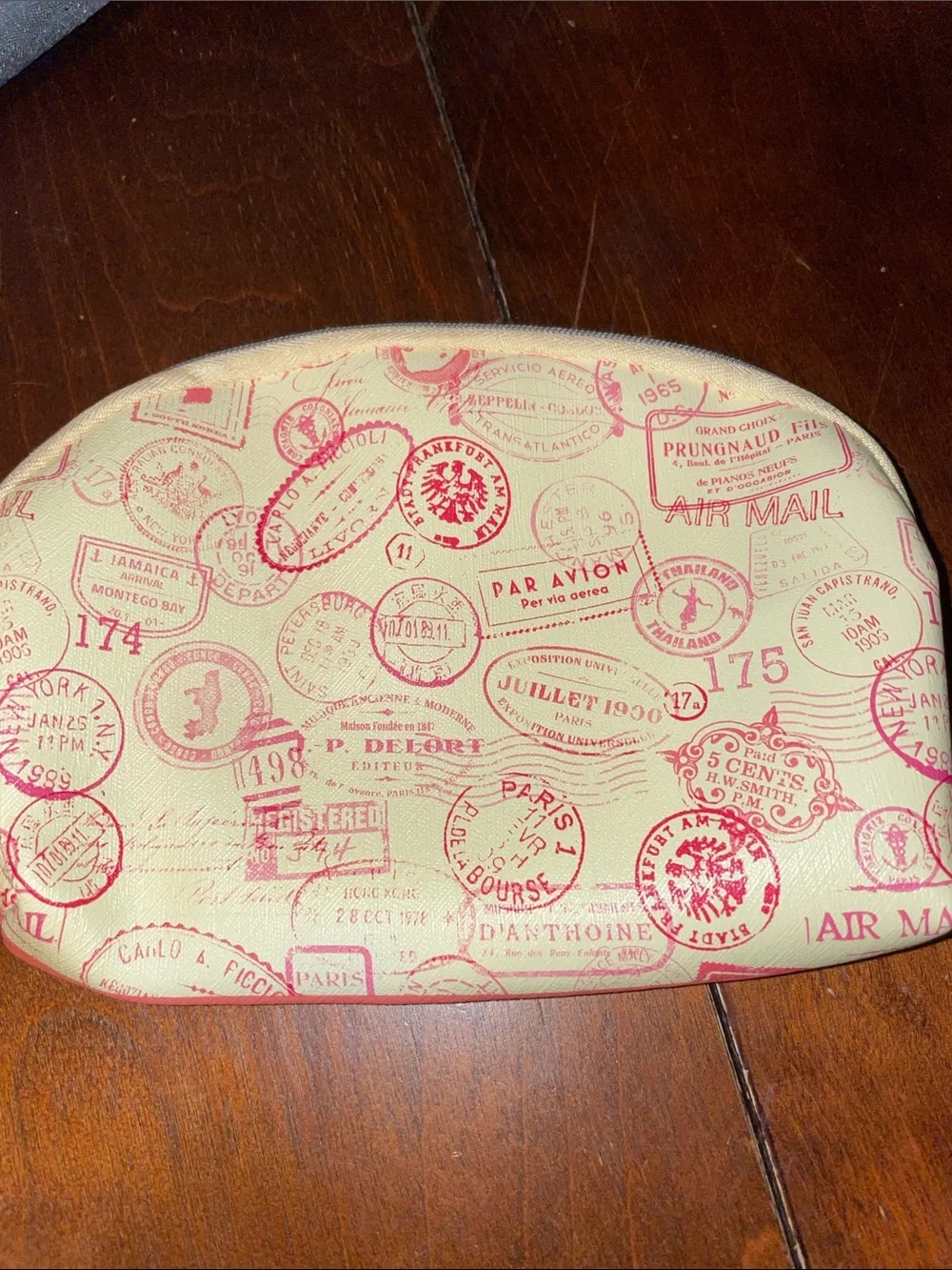 Ipsy Stamped Passport Print Cosmetic Pouch in Cream and Pink